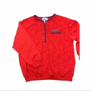 vintage 90’s Red Snap Pullover Large Grandma core Embroidered Flower Blast Blues